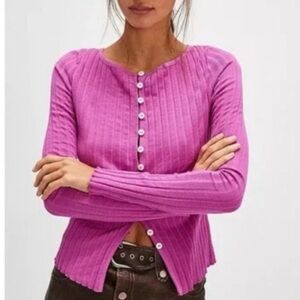 Free People Cotton Ribbed Knit Cardigan in Fuchsia Pink Size: XS| Spring